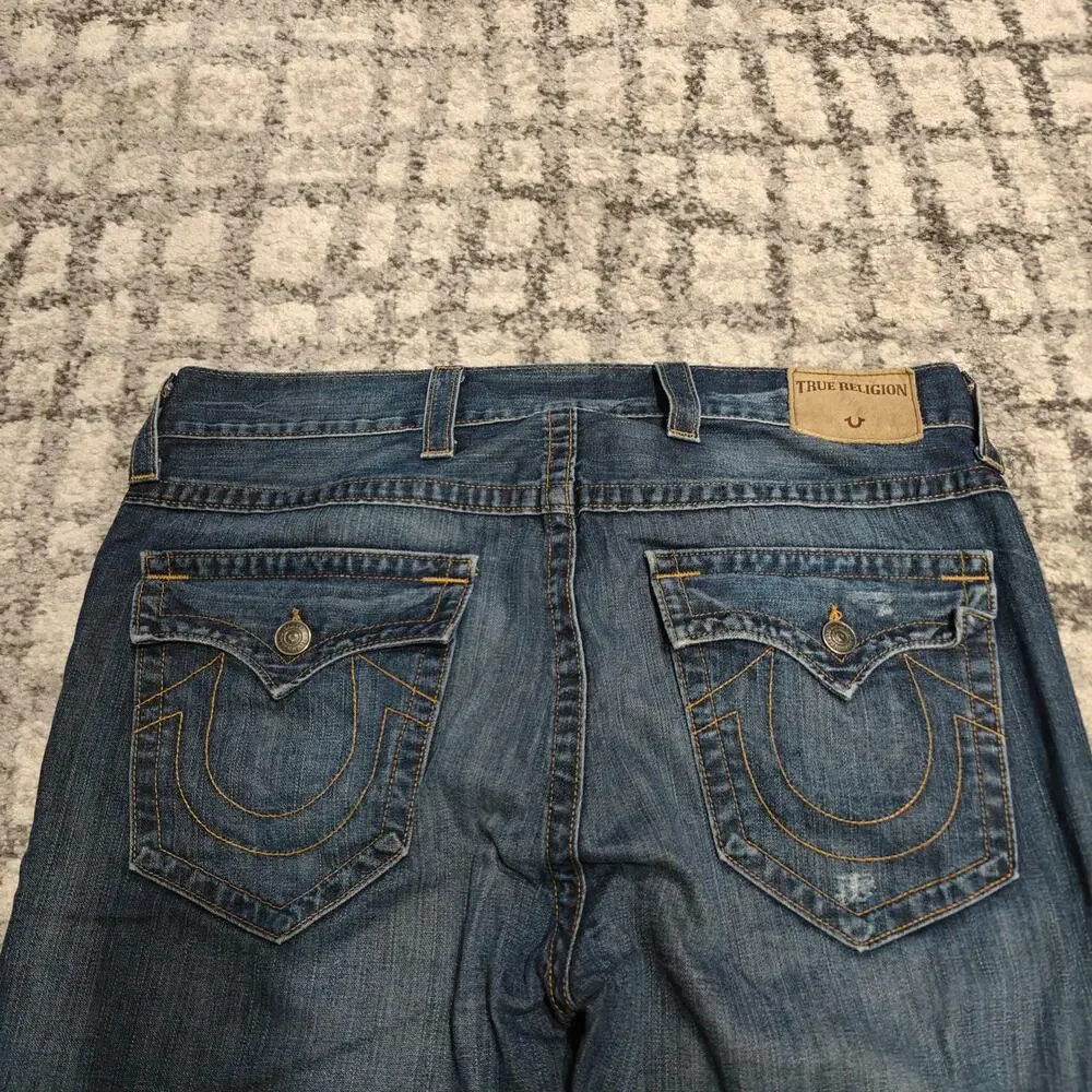 True Religion Ricky Relaxed Straight Jeans Men's 38 Flap Pocket Distressed Blue